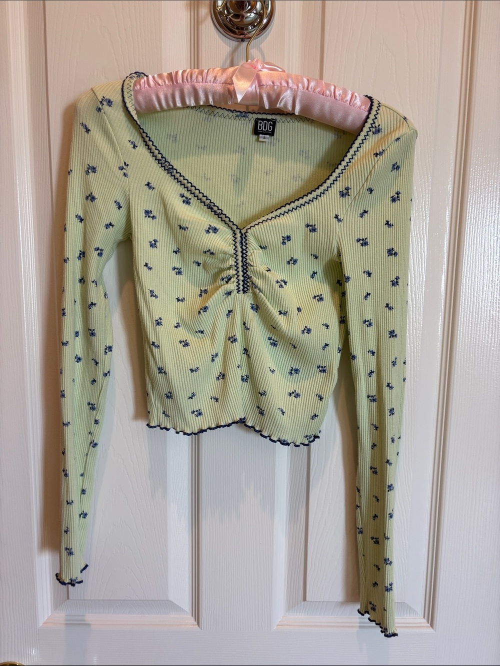 BDG green Ribbed Long-Sleeve Top with Navy Floral Trim